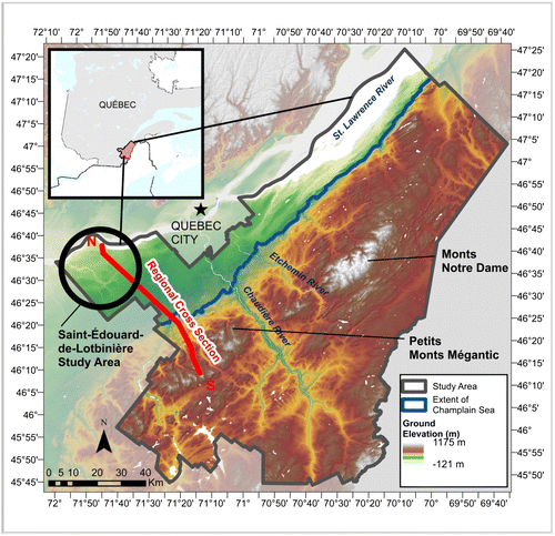 Figure 1. Location and topography of the Chaudière-Appalaches study area, and location of the two-dimensional regional cross-section model, modified from Lefebvre et al. (Citation2015).