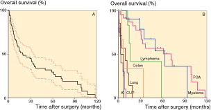 Figure 2. Survival after surgery. A. All patients (n = 69); error bars show 95% CI. B. According to the tumor type. K: kidney cancer (n = 4); CUP: cancer of unknown primary tumor (n = 10); lung cancer (n = 7); colon cancer (n = 3); lymphoma (n = 6); myeloma (n = 11); and PCA: prostate cancer (n = 24). Other tumors not included in the graph: breast cancer (n = 1), thyroid cancer (n = 1), sarcoma (n = 1), and epithelioid mesothelioma (n = 1).