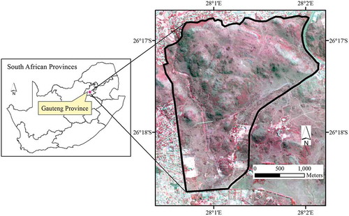 Figure 1. Map showing the Klipriviersberg Nature Reserve in Johannesburg, where field spectroradiameter data was collected from the S. plumosum, A. afra Jacq, and A. laricinus plant species. Background picture is a false-color composite SPOT imagery.
