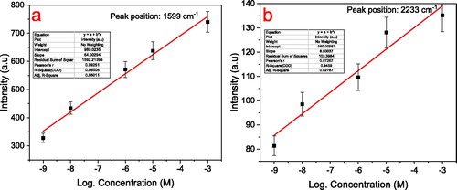 Figure A2. Plot of logarithm of the concentration of carbaryl in water with corresponding Raman intensity at 1599 cm−1 (a) and 2233 cm−1 (b).