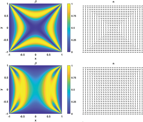 Figure 8. (Colour online) First row: biaxiality parameter and director of an approximate WORS solution to (26) (under additive noise) for L˜=0.05, σ=1, α=3 and T=2; q1(0,0)=0.0215 for this solution. Second row: biaxiality parameter and director of an approximate BD x solution to (26) (under additive noise) for L˜=0.05, σ=1, α=3 and T=2.