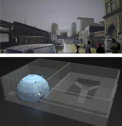 Figure 5 (a and b) Image: John Matthews, Zoe Maramba and Clive Rowe in Market Hall dome, immersed in a perspective-corrected 3D model of Plymouth’s Union Street flooded to projected 2030 sea levels. Architectural schematic of Market Hall dome.