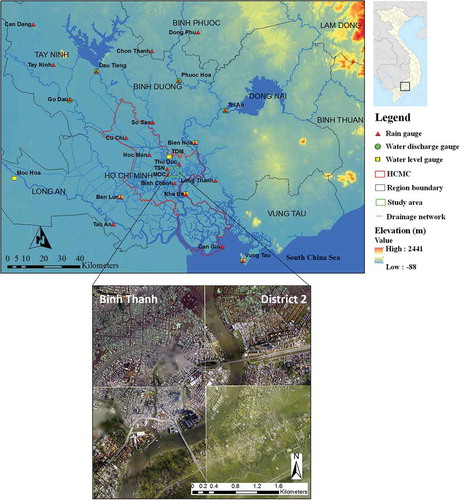 Figure 1. Location of the gauging stations in the Sai Gon–Dong Nai River basin and the wider study area