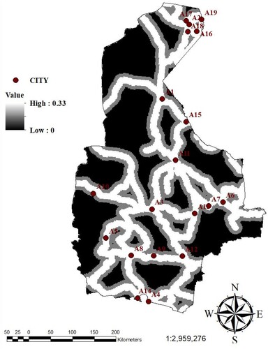 Figure 6. The fuzzy rated map of ‘ proximity to the routes’.
