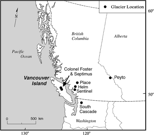 FIGURE 1. Map illustrating maritime and continental glacier locations in Pacific North America