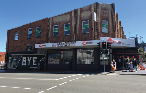 Figure 2. Exterior of langs corner with ‘BYE’ spray painted, October 2019. Photograph by Zelmarie Cantillon.