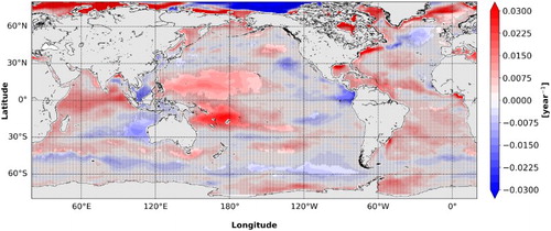 Figure 1.1.4. 1993–2016 Decadal trend (per year) of surface salinity (ensemble mean of product references 1.1.8 and 1.1.9). Hatching lines mask regions where the signal-to-noise ratio is less than two. The signal-to-noise ratio is computed from the multi-observations product 1.1.8 and the four reanalyses from product 1.1.9.