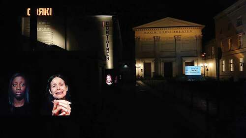 Figure 2. Atom Egoyan Auroras (2007). To reach the Gorki Container and the Maxim Gorki Theatre, visitors would have to walk along Egoyan’s video installation in which seven “Auroras” recite texts from the book Ravished Armenia by Aurora Mardiganian, a survivor of the Armenian Genocide in 1915. Photo: Anne Ring Petersen