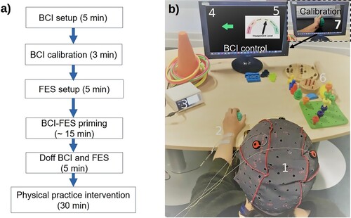 Figure 1 (a) Experimental protocol (b) Experimental setup for the intervention of the experimental group. BCI calibration which preceded the intervention involved a follow along video (item 7). During BCI-FES figure, items 1–5 were used, comprising of EEG cap with electrodes (1), FES electrodes (2), FES device (3), movement cue (4), neurofeedback gauge (5). Note that the green ball being squeezed was part of both the calibration and BCI-FES session for participants whose flexor muscles were targeted to make the session more realistic and provide sensory feedback. Item 6 shows devices used for hand therapy immediately after BCI-FES figure. The able-bodied volunteer provided informed consent for the photo to be taken