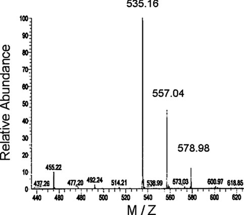 FIGURE 1 Mass spectrum of TFT-TP. Mass-analysis was performed using an ESI source in negative mode. The acquired m/z was from 435.00 to 635.00. The ionization parameters were capillary voltage, -47.5V; source voltage, 3.02 kV; capillary temperature, 233.50°C.