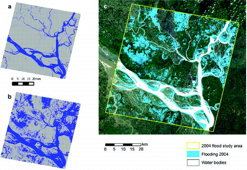 Figure 10. Analysis of 2004 extreme event: (a) pre-event setting of water bodies by Landsat 24 March 2003; (b) post-event setting of water bodies by ASTER 20 October 2004; (c) overlay of the two classifications to distinguish between permanent water bodies and flooded areas.