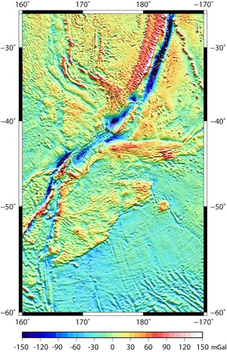 Figure 7. One arc-minute grid of airborne, terrestrial, shipborne and satellite altimetry-derived topography corrected anomaly data combined by least squares collocation over the region 25°S to 60°S and 160°E to 170°W. This shows the strength of the Earth’s gravity minus the gravitational effect of topography and an Earth approximating ellipsoid.