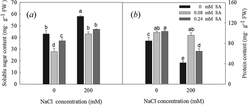 Figure 4. Soluble sugar content (a) and total protein content (b) of L. bicolor seeds after 2 days of treatment with different concentrations of SA (0, 0.08, 0.24 mM) under 0 and 200 mM NaCl. Values are means ± SD of three replicates (n = 3). Bars with the different letters are significantly different at P < .05 according to Duncan’s multiple range tests.