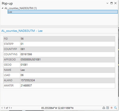 Figure 11. The pop-up dialog box displaying the results of clicking the screen using the Explore Cursor for all of the visible layers on the map. The results of the query show that the attributes of the clicked location, which was located in Lee County, AL. The remaining fields in the table are representative of those available in the attribute table.