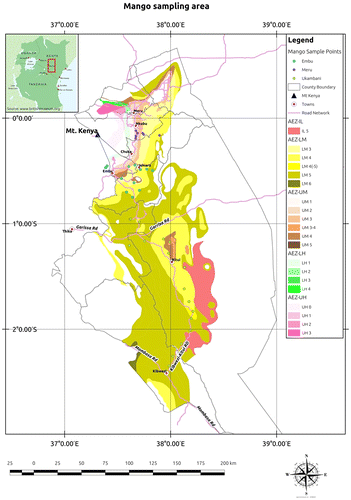 Figure 1. Locations of the 36 sampled local mango trees within different agro-ecological zones in Eastern Kenya. On the right margin of the map are the agro-ecological zones (AEZs) indicating each category as follows: AEZ inner lowland (AEZ-IL), AEZ lower midland (AEZ-LM), AEZ upper midland (AEZ-UM), AEZ lower highland (AEZ-LH) and AEZ upper highland (AEZ-UH). Humidity zones represented in the AEZs are the following: 0 = perhumid, 1 = humid, 2 = sub-humid, 3 = semi-humid, 4 = transitional, 5 = semi-arid and 6 = arid (Jaetzold et al. Citation2006). (Source of the map: Erick Opiyo, ICRAF, Nairobi, Kenya).