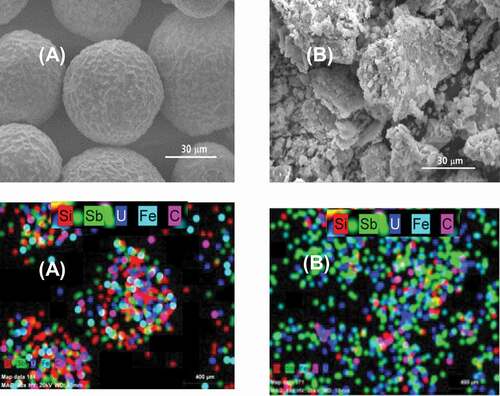 Figure 4. SEM-EDS micrograph and map of element distribution on the catalyst surface before (A) and after (B) the dissolution.