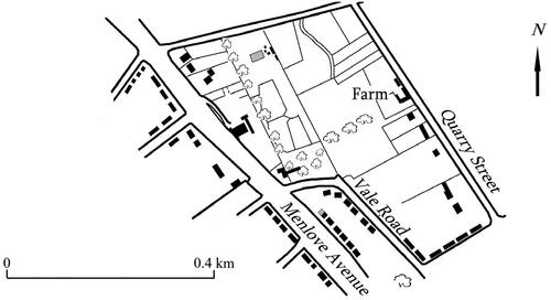 Figure 9. The Strawberry Field part of Woolton. Mendips is the shaded building near the 'l‘ of Menlove; Strawberry Field is the larger shaded building to the north of the map. Redrawn from the 1956 1:10,000 Ordnance Survey map.