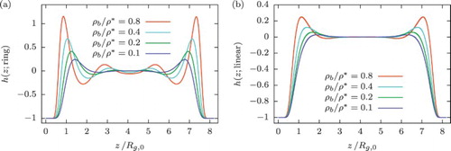 Figure 9. Equilibrium density profiles as a function of obtained from DFT calculations at different densities, for (a) ring and (b) linear polymer solutions confined between two hard walls separated by the fixed distance .