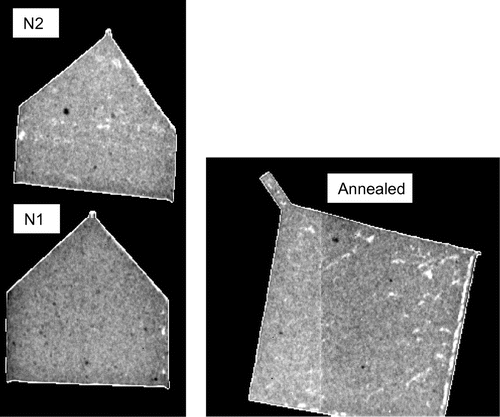 Figure 3. Neutron transmission images obtained by summation over the entire energy range (full spectrum transmission). The features seen within the samples are due to the presence of inclusions or voids, as confirmed by the images shown in Figure 7. The vertical line seen in the annealed sample is an artifact of detector calibration (the border between the two chips of the readout is visible).