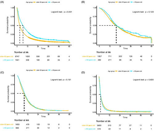 Figure 1. (A) Overall survival of the total cohort (n = 10,298). (B) Overall survival in patients who underwent immediate resection of the primary tumour (n = 1339). (C) Overall survival of patients who received chemotherapy, without resection (n = 2266). (D) Overall survival of patients who received no anticancer treatment (n = 6349).