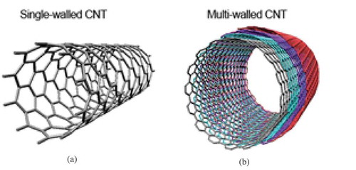 Figure 6. (a) Single-walled carbon nanotube and (b) multi-walled carbon nanotube. Carbon nanotubes possess unique properties that make them suitable as an adsorbent for water pollutants.