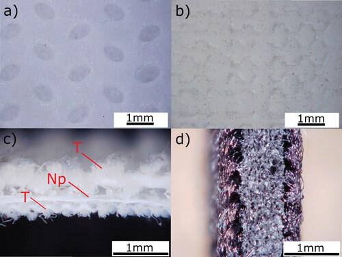 Figure 7. Digital microscopy images of unbreathable masks: (a) nonpermeable nonwoven, (b) paperboard, (c) fabric with a mid-non-permeable layer, and (d) neoprene with dense foams.
