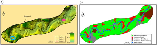 Figure 4. (a) DEM of the study area with overlaid domains: Region-1 covering the entire study area, Region-2 highlighting the refined area around Pensford, and Region-3 focusing on Compton Dando hydrometric station. (b) The landcover layer displays various land use classifications all three regions.