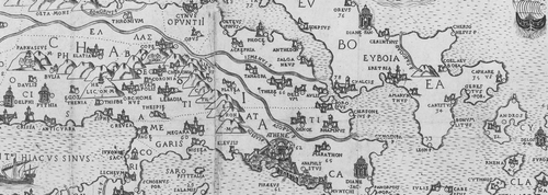 Figure 14 Detail from Nikolaos Sophianos,Totius Graeciae Descriptio (Rome, Antonio Blado, 1552), showing the disproportionately large map sign for Athens. The vignette is similar to the woodcut view of Athens published in Nicolaus Gerbel's In descriptionem Graeciae Sophiani praefatio (Basel, Johannes Oporin, 1545), p. 19 (see Fig. 8). Note also the five temples (Delos, Delphi, Pythia, and two sanctuaries dedicated to Diana). (Reproduced with permission from the British Library, Maps M.T. 6.g.2.(4).)