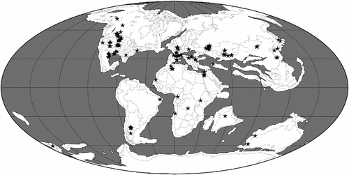 Figure 7 Palaeogeographical map for the Late Cretaceous (80 Ma) showing the locations of 182 collections of pterosaurian specimens. The map was generated using software available at Fossilworks (Alroy Citation2013), with collections data downloaded from The Paleobiology Database.