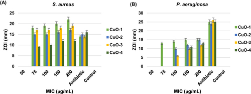 Figure 17 Bar graph showing MIC value (μg/mL) for different concentrations of CuO NPs, antibiotics/positive control, and negative control against (A) S. aureus and (B) P. aeruginosa bacterial strains.