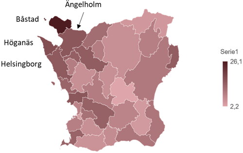 Figure 5. Age-standardized rates per 100,000 for lymphocytic colitis 2015–2020, illustrating the variation in incidence between different parts of Skåne.