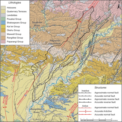 Figure 3. Simplified geological map of the study area showing the location of the Pourewa Stream catchment outlined in black in relation to major regional structures and lithological groups.