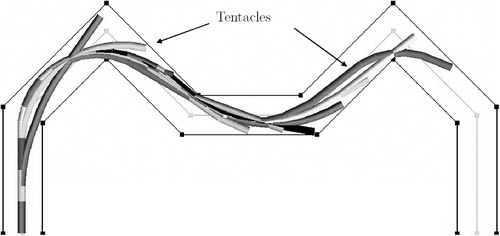 Figure 14 Endoscope model inserted into the calibration path model. Intermediate results (n=44, n′=16, k=2) after the first 13 segments were calculated. All “tentacles” are shown full length. [Color version available online]