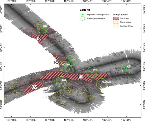 Figure 5 Backscatter and interpretation. R1–R4 are the different ridge-like structures interpreted as coral reefs (R1 is the original ‘Squires’ Coral Coppice'), S22 etc. are the recorded positions of historical samples (taken in 1978) used to ‘ground-truth’ the interpretation. The map projection is WGS84/Mercator 41 (EPSG: 3994).