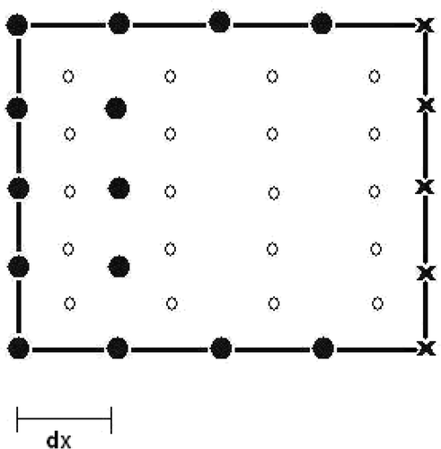 Figure 4. Extra collocation points (dot) in the domain at a distance dx = 0.005 m from x = 0 m.