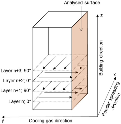 Figure 1. Coordinate system used for sample fabrication, indicating surface area used for corresponding analysis.