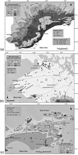 Figure 2. Geological maps of the studied regions of Crimea showing locations of samples and boundaries of hydrogeological units (cf. Figure 1). (a): Main Range of the Crimean Mountains and the Crimean Piedmont; (b): the Crimean Plains; (c): the Kerch peninsula.