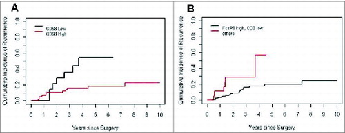 Figure 3. Risk of recurrence in patients with low percentages of CD68+ cells and low relative proportion of FoxP3+ to CD3+ (A) Cumulative incidence of recurrence analyzed according to presence of tumor-infiltrating CD68+ immune cells in non-small cell lung cancer patients ≥80 years of age. (B) Cumulative incidence of recurrence analysis according to FoxP3 high and CD3 low vs. others in patients ≥80 years of age with non-small cell lung cancer.
