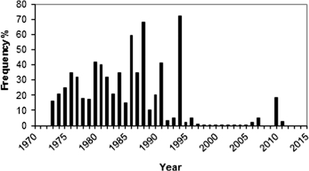 Fig. 7. Annual assessment of the frequency of pines (18 plots) that had suffered more than 20% defoliation (winter desiccation)