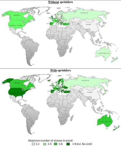 Figure 2. Maximum number of storeys with load-bearing elements in wood in residential buildings acc. to prescriptive requirements; above without sprinklers and below with sprinklers installed. Preliminary data, final data in Östman (Citation2021).