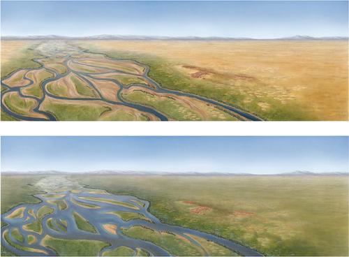 Figure 12. Bird’s-Eye view of reconstruction of the Çatalhöyük landscape, looking south-west (illustration by Katy Killackey): a. dry season (late summer), b. wet season (spring).