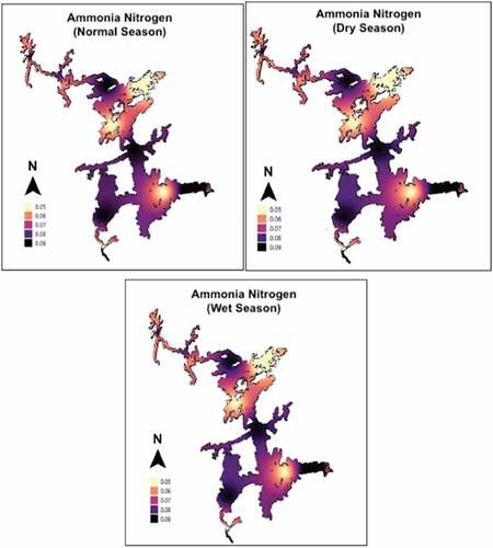 Figure 10. Spatial distribution of Ammonia Nitrogen during normal, dry, and wet seasons.