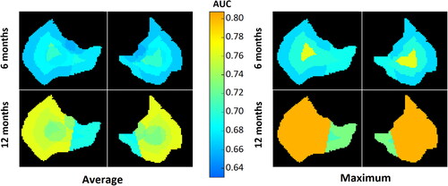 Figure 5. Average and maximum AUCtest across all sub-regions in colour-wash for 6, and 12 months of follow-up illustrated on a transversal slice of two parotid glands.