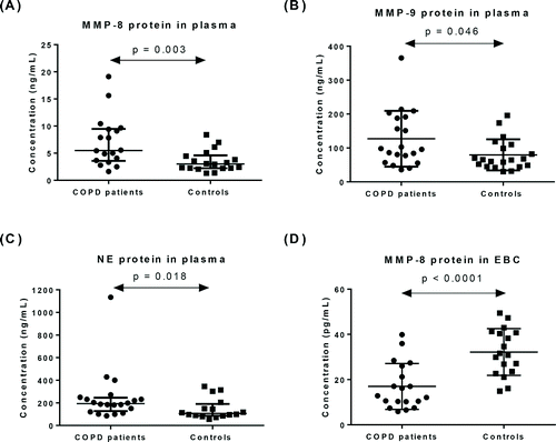 Figure 4. Expression of protein for (A) MMP-8, (B) MMP-9, and (C) NE in plasma from patients with COPD (n = 20) and healthy controls (n = 20). Expression of protein for (D) MMP-8 in EBC from patients with COPD (n = 19) and healthy controls (n = 18). Data represented as mean ± SD.