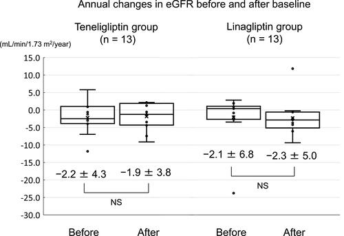 Figure 7 Annual changes in eGFR before and after baseline in the teneligliptin and linagliptin groups.