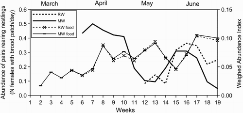 Figure 4. Abundance estimation of breeding pairs rearing nestlings of Moustached (MW) and Reed (RW) Warblers during the 2012 breeding season, calculated as the averaged abundance of females with evidently vascularized brood patches recorded in the previous 3 weeks, and food availability for the two species according to the WAI.