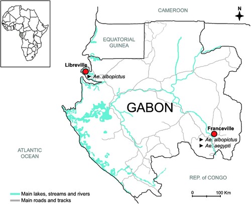 Figure 1. Ae. albopictus and Ae. aegypti sampling sites in Gabon, Central Africa.