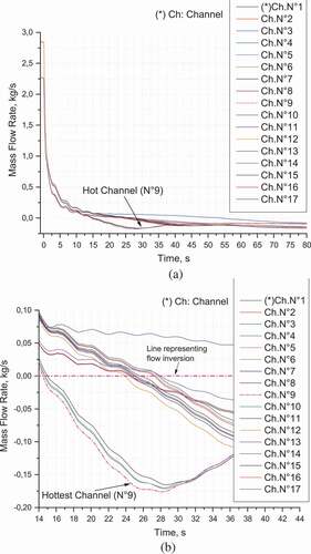 Figure 18. (a). Fuel assemblies’ mass flow rates in LOFAs (pump shaft break case): wide range. (b). Fuel assemblies’ mass flow rates in LOFAs (pump shaft break case): narrow range.