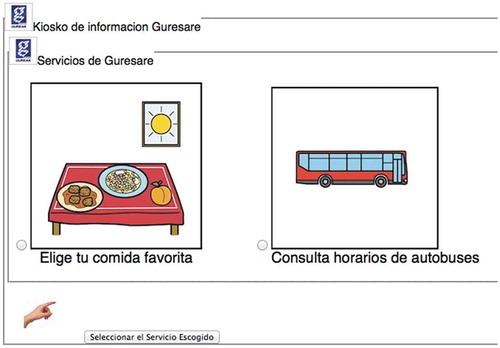 Figure 4. User interface for service selection created by the Egoki system for young adults with intellectual disabilities. [Translation to English: “Kiosko de información Guresare” means Guresare information Kiosk; “Elige tu comida favorita” means Select your favorite meal; “Consulta horarios de autobuses” means Get bus schedule; “Seleccionar el Servicio Escogido” means Select service.]