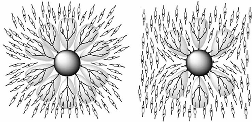 Figure 31. A liquid crystal host and coated nanoparticle colloidal system. (Left) The surfactant shell is composed of mesogen dendrons; (right) the surfactant shell is a mixture of mesogenic dendrons and aliphatic chains.